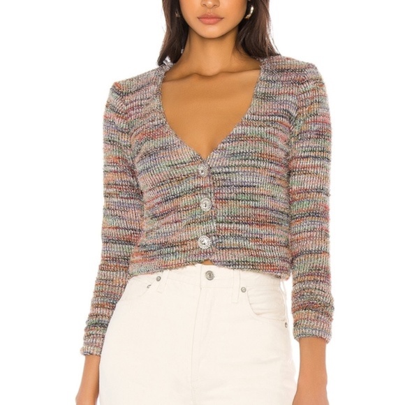 MAJORELLE Metallic Striped Louise Cardigan Silver V-Neck Embellished Sweater XS - Picture 1 of 9